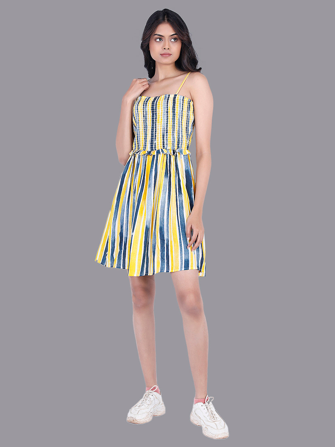 Eco Khadi Cotton Yellow Blue Striped Smocking Dress