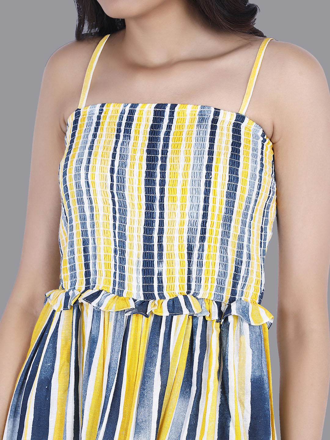 Eco Khadi Cotton Yellow Blue Striped Smocking Dress