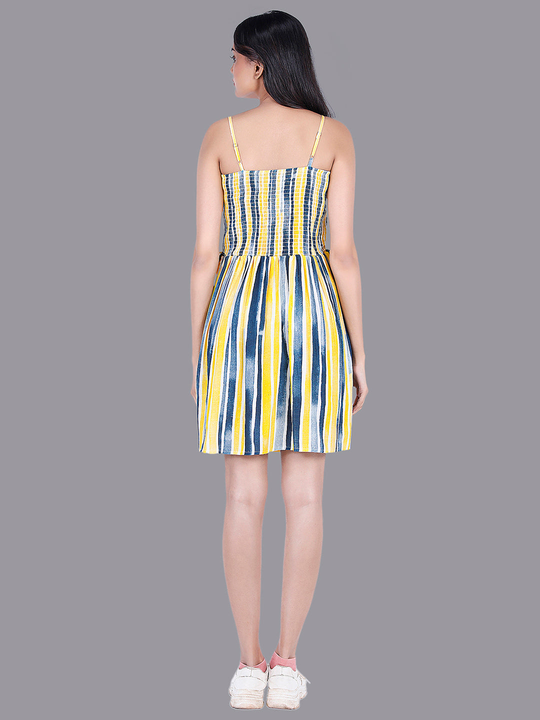 Eco Khadi Cotton Yellow Blue Striped Smocking Dress