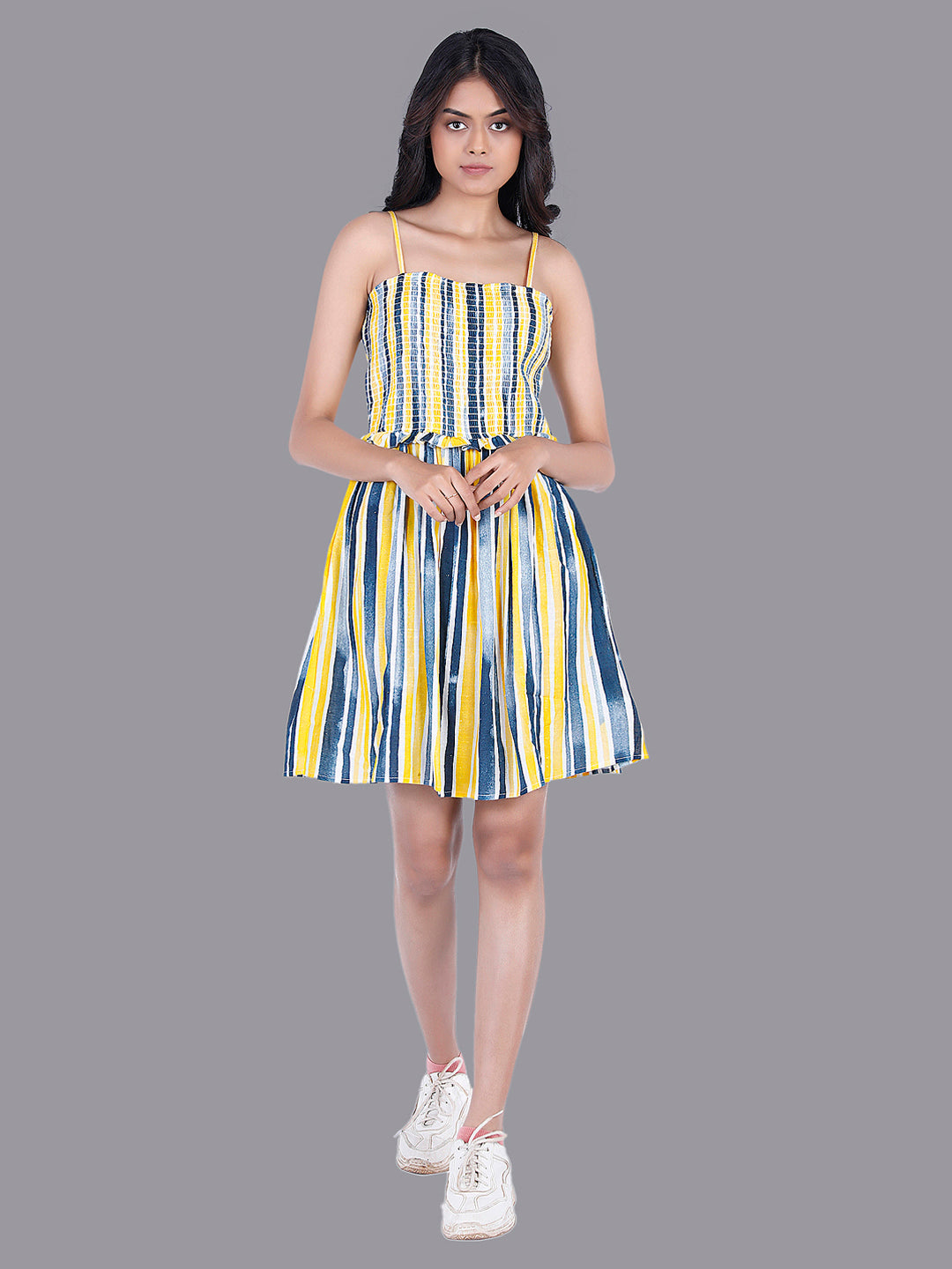Eco Khadi Cotton Yellow Blue Striped Smocking Dress
