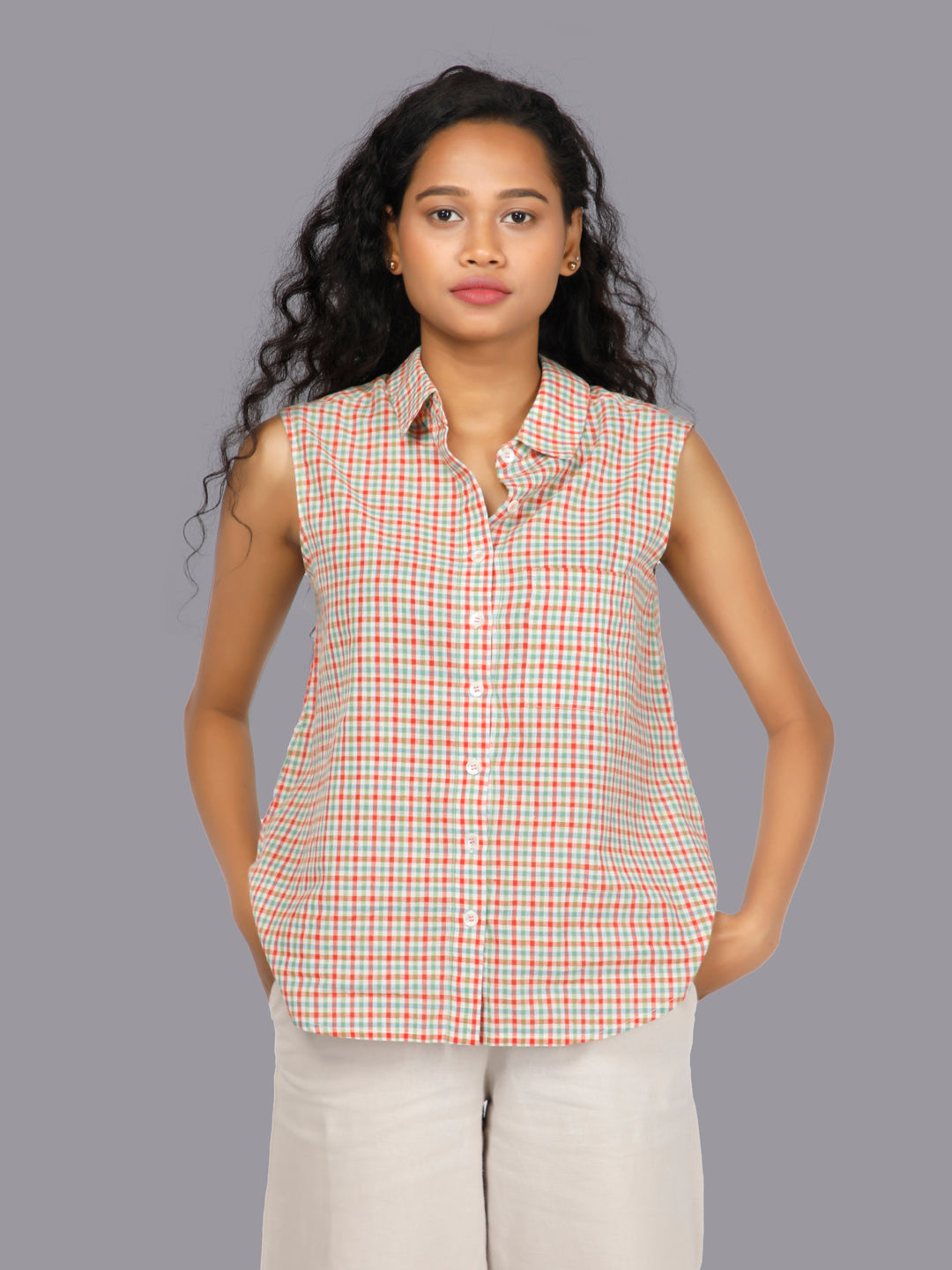 Eco Khadi Cotton Chequered Sleeveless Shirt