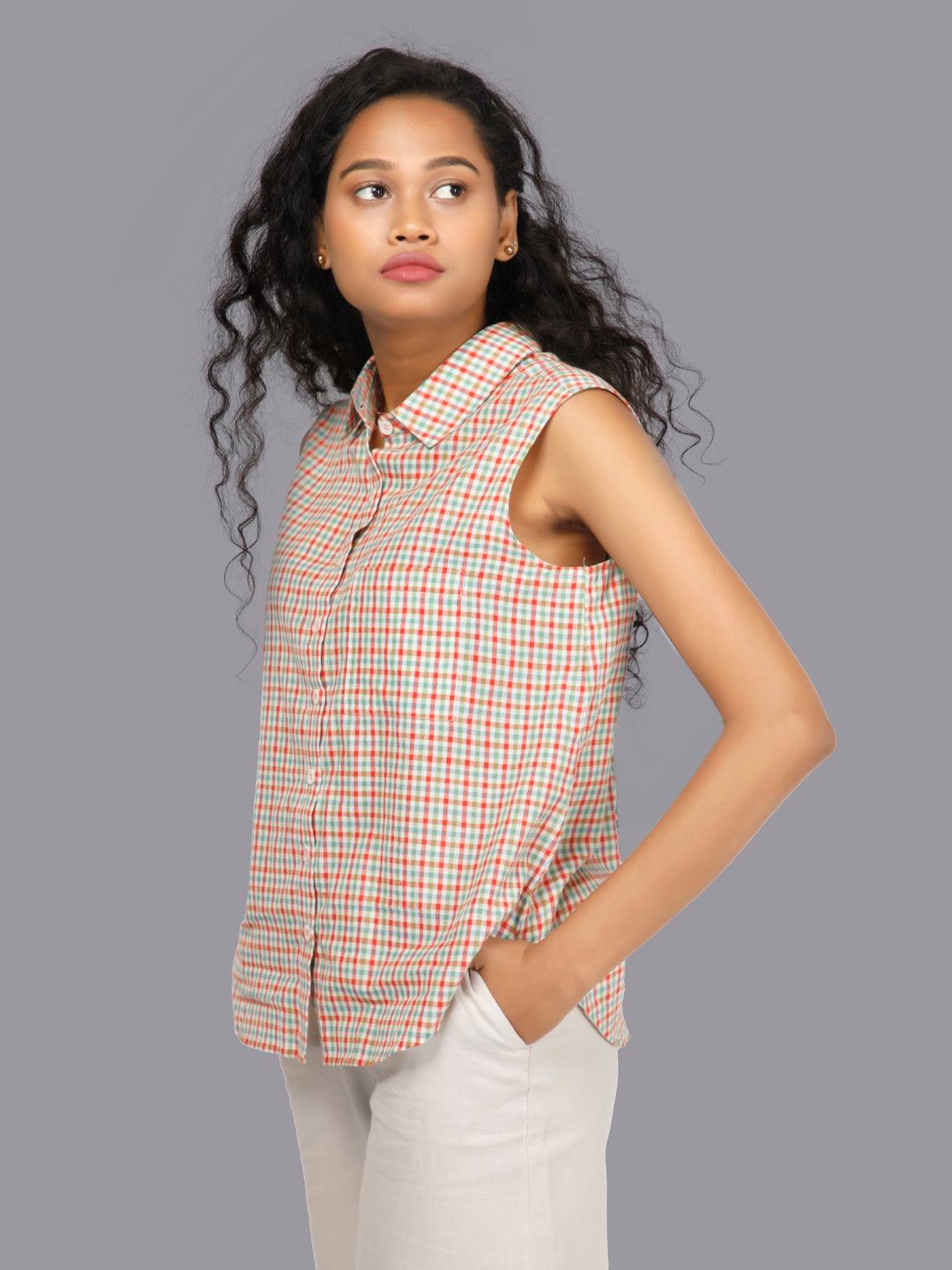 Eco Khadi Cotton Chequered Sleeveless Shirt