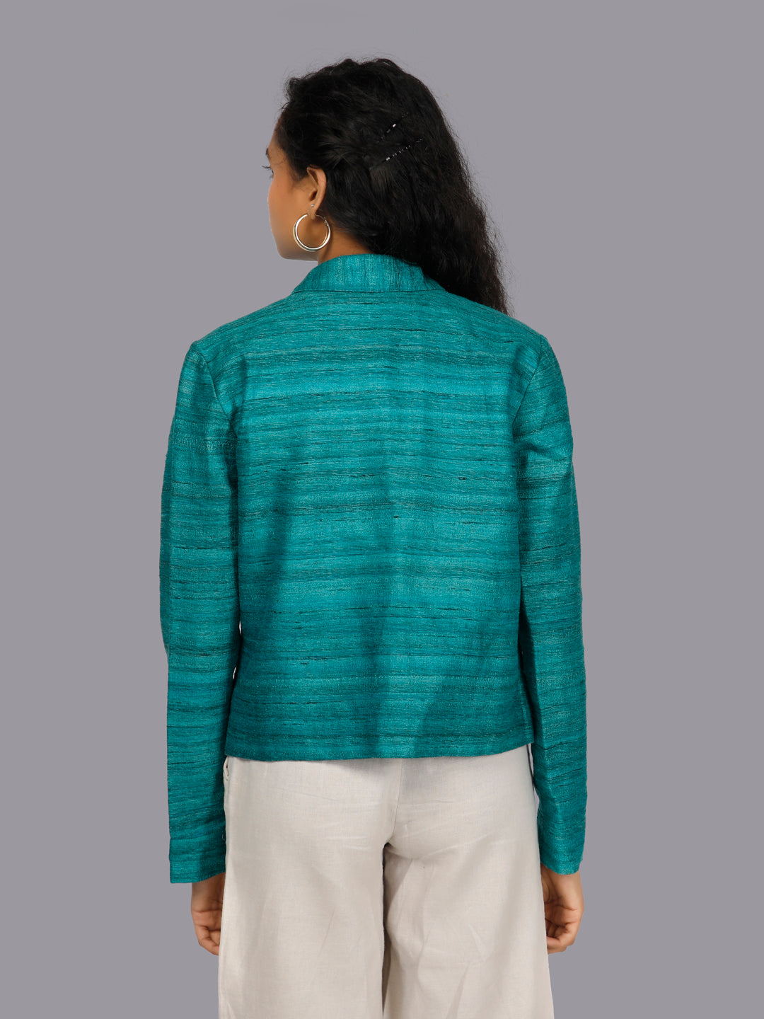 Zaya Teal Embroidered Khadi Silk Jacket