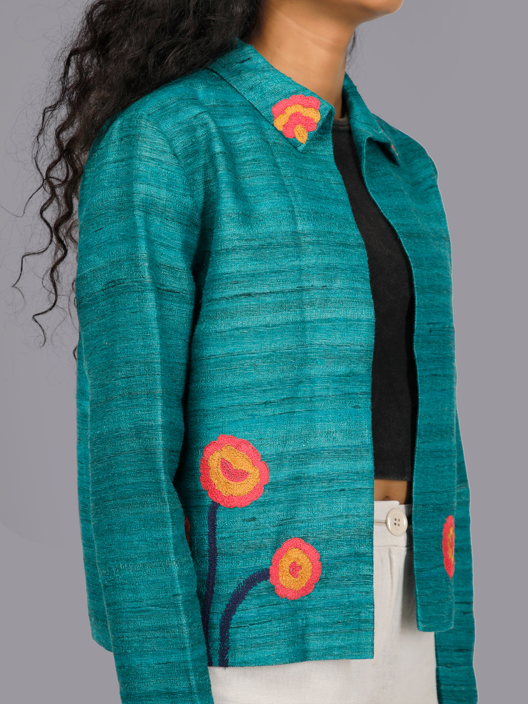 Zaya Teal Embroidered Khadi Silk Jacket