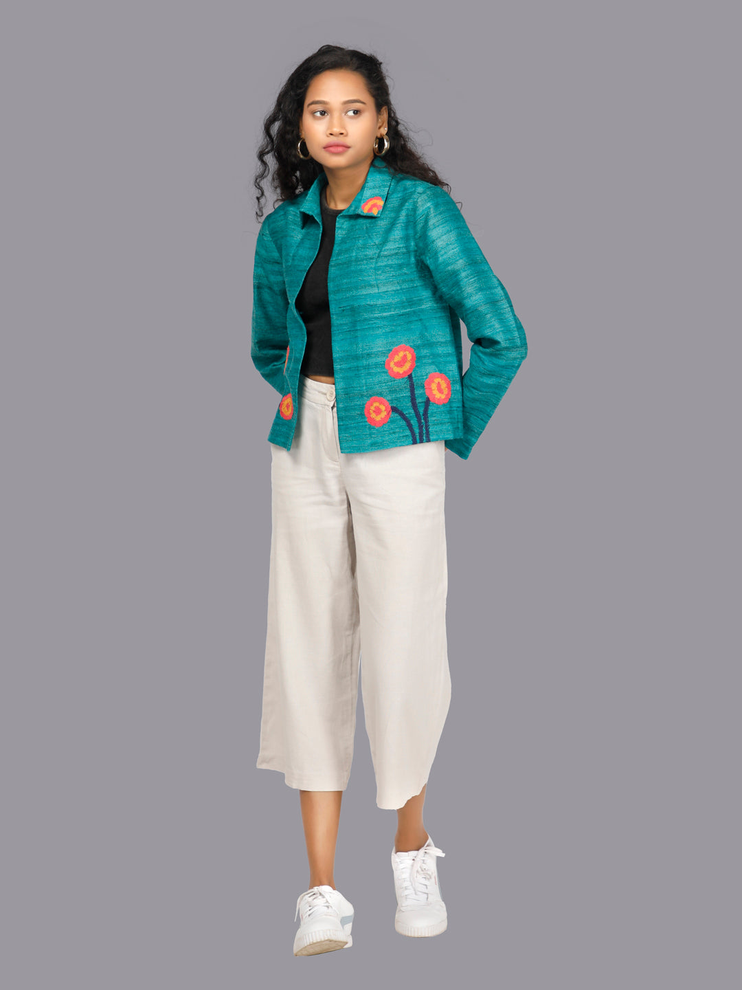 Zaya Teal Embroidered Khadi Silk Jacket