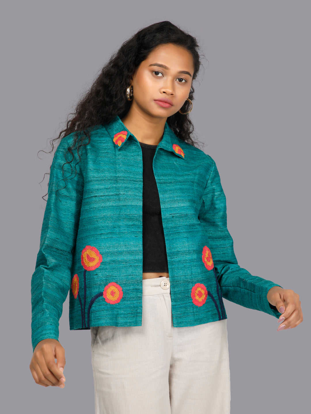 Zaya Teal Embroidered Khadi Silk Jacket