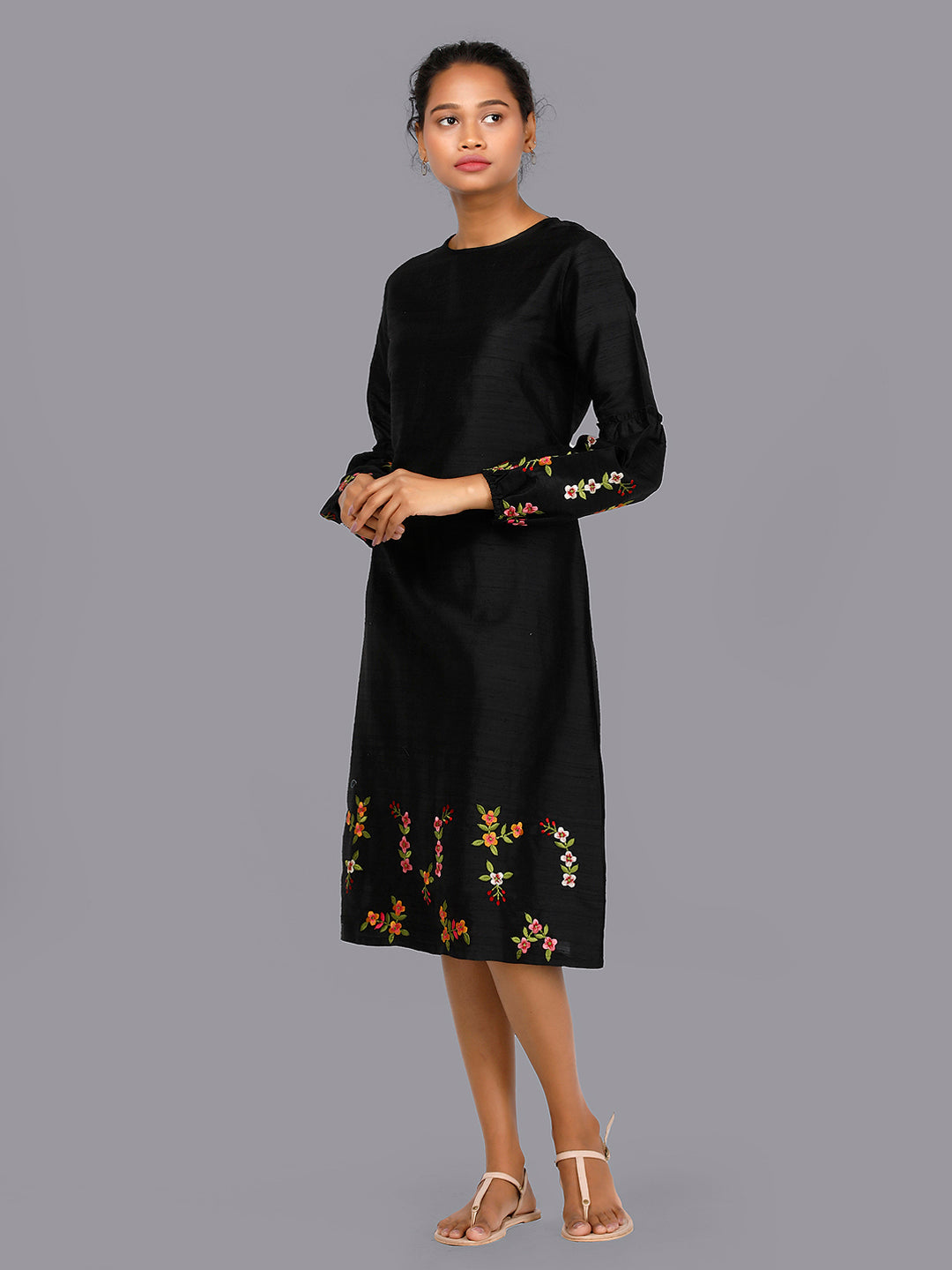Eco Khadi Silk Embroidered Black Dress - Guldasta