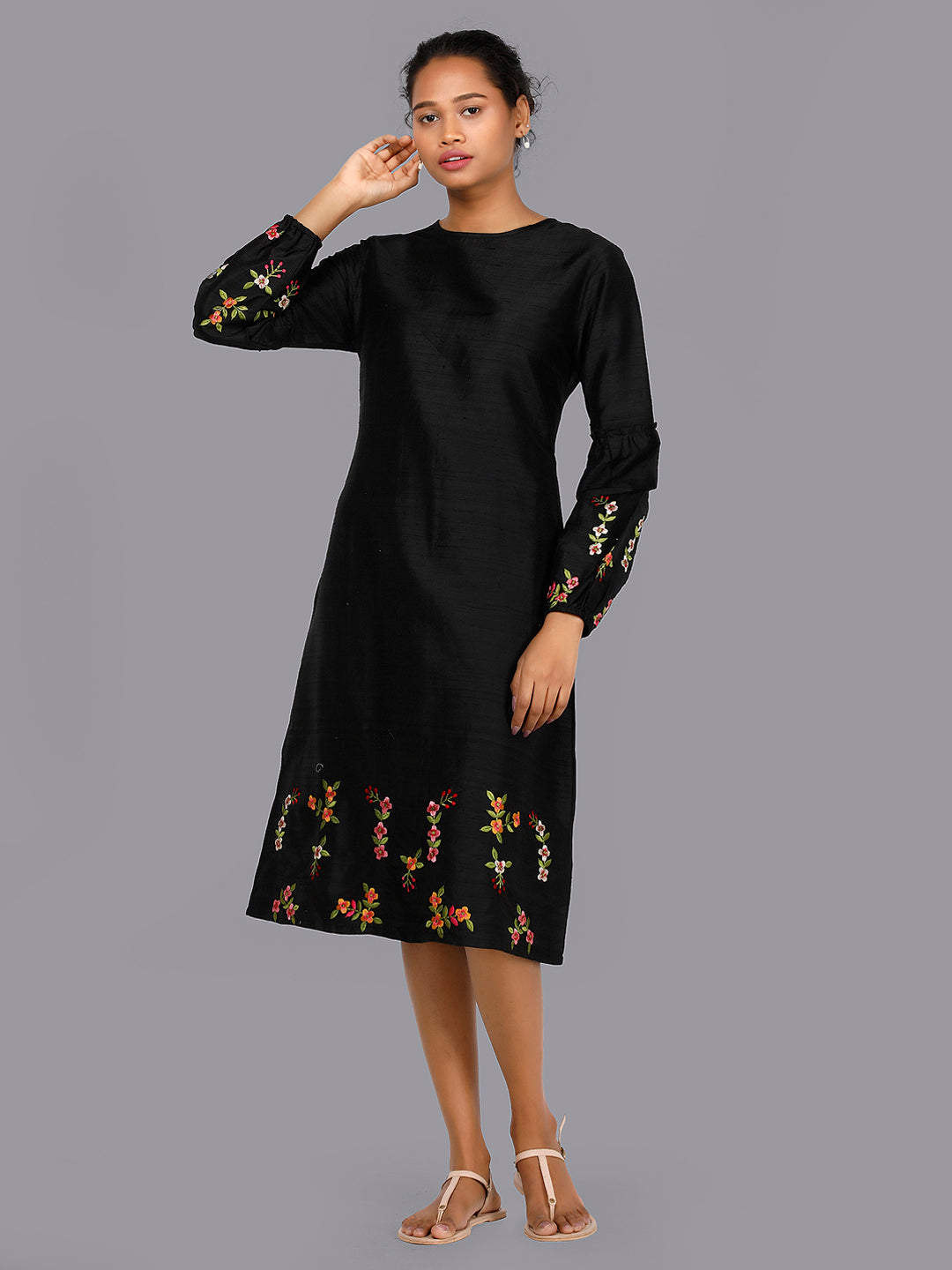 Eco Khadi Silk Embroidered Black Dress - Guldasta