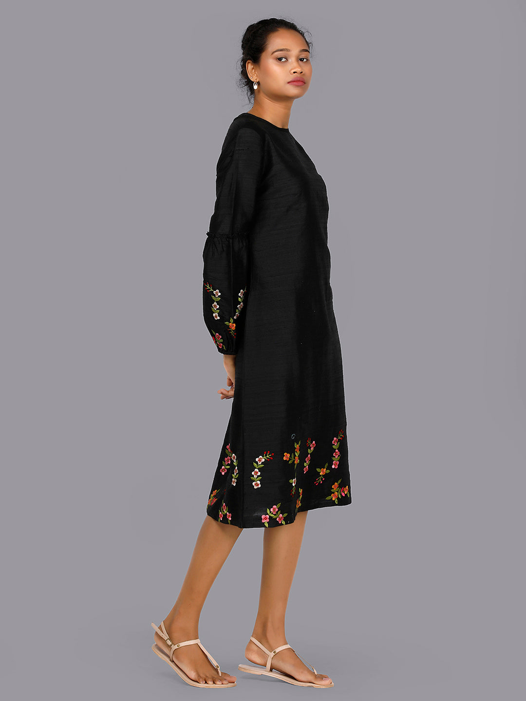 Eco Khadi Silk Embroidered Black Dress - Guldasta