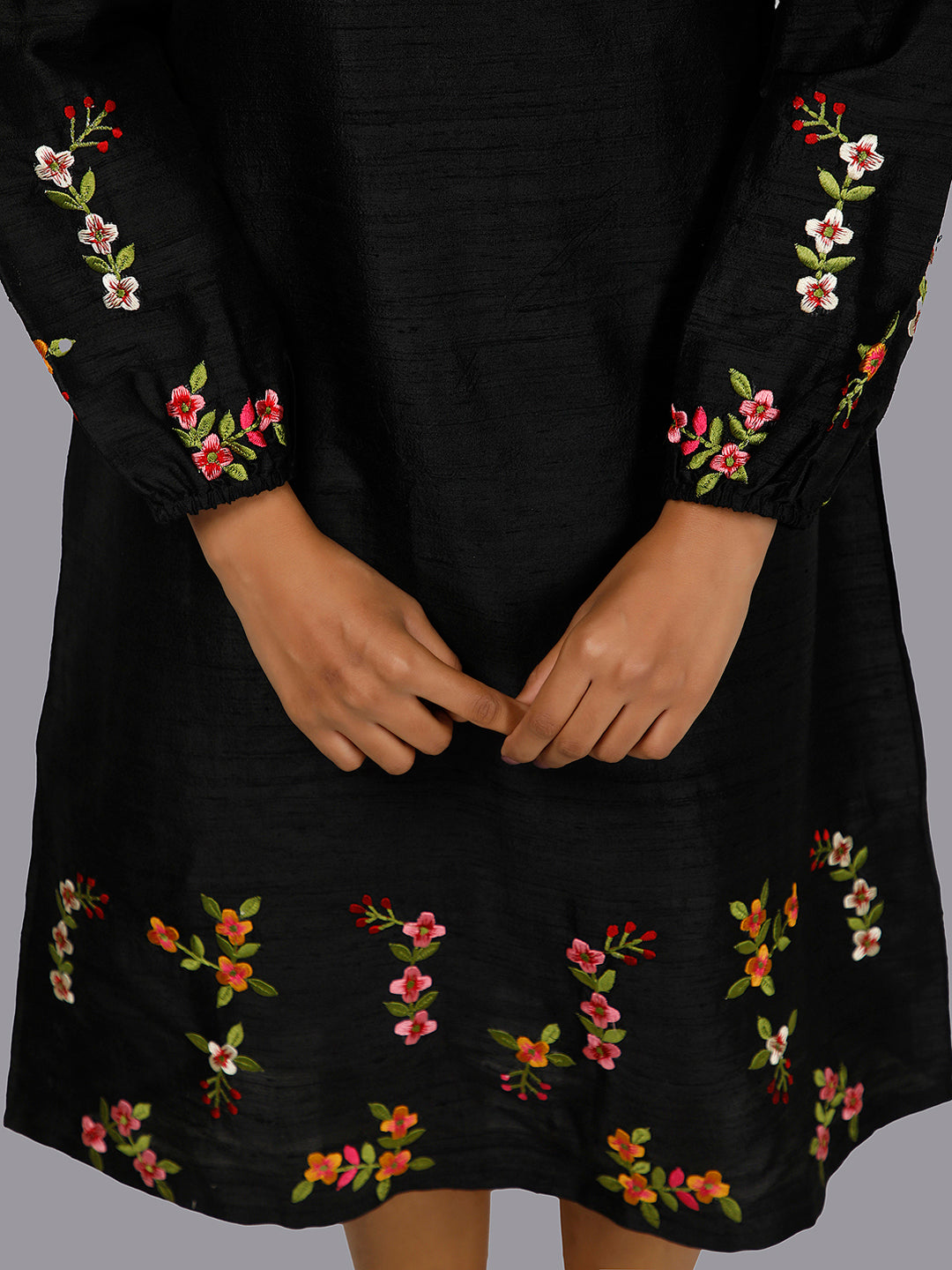Eco Khadi Silk Embroidered Black Dress - Guldasta