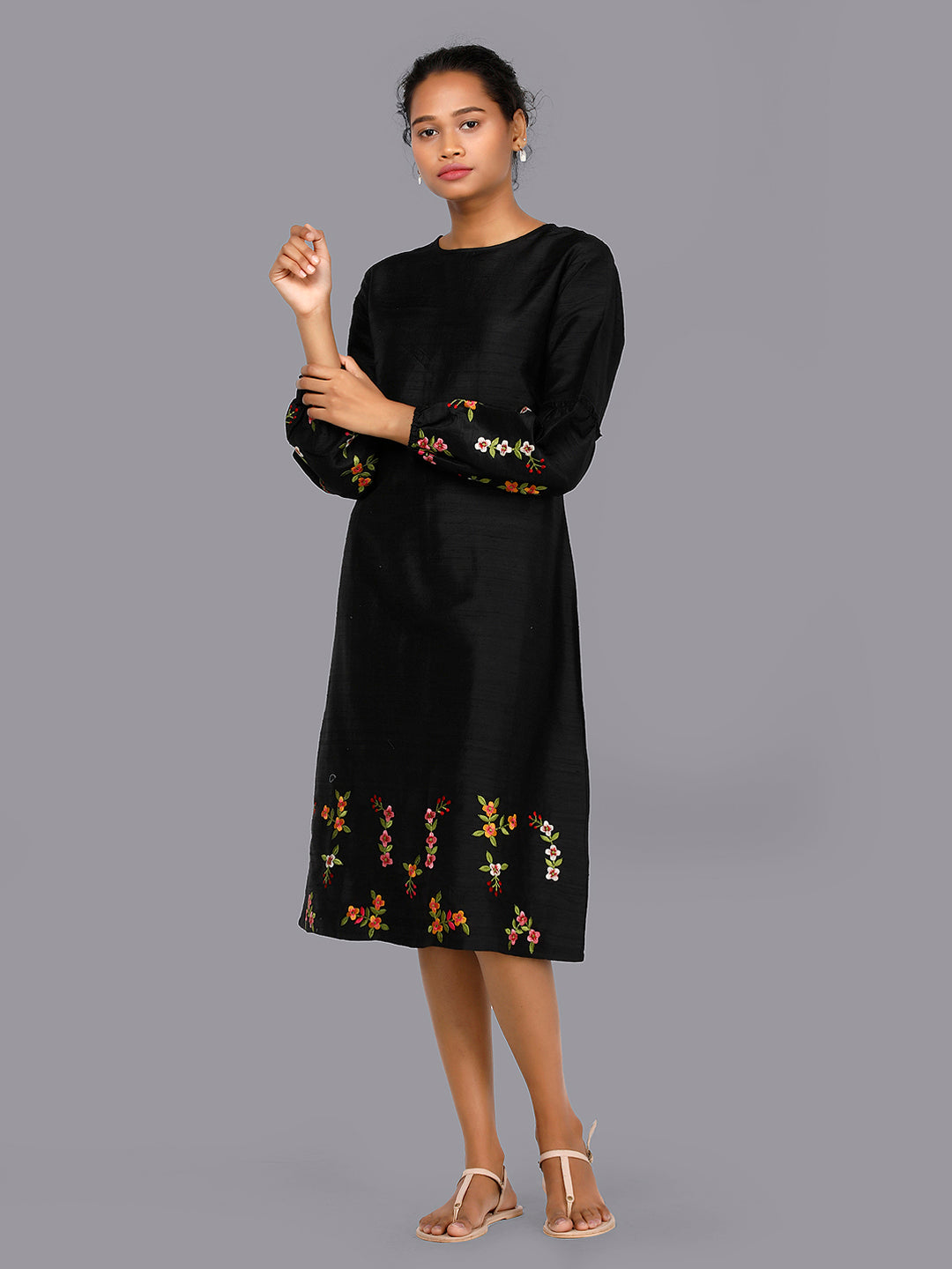 Eco Khadi Silk Embroidered Black Dress - Guldasta