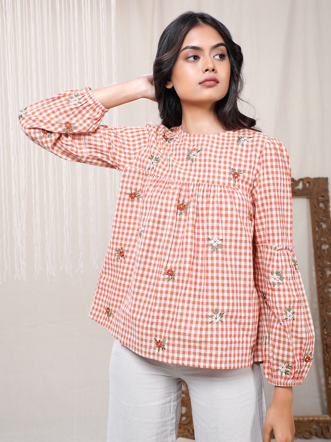 Eco Khadi Cotton Orange Bishop Sleeves Top with Floral Embroidery