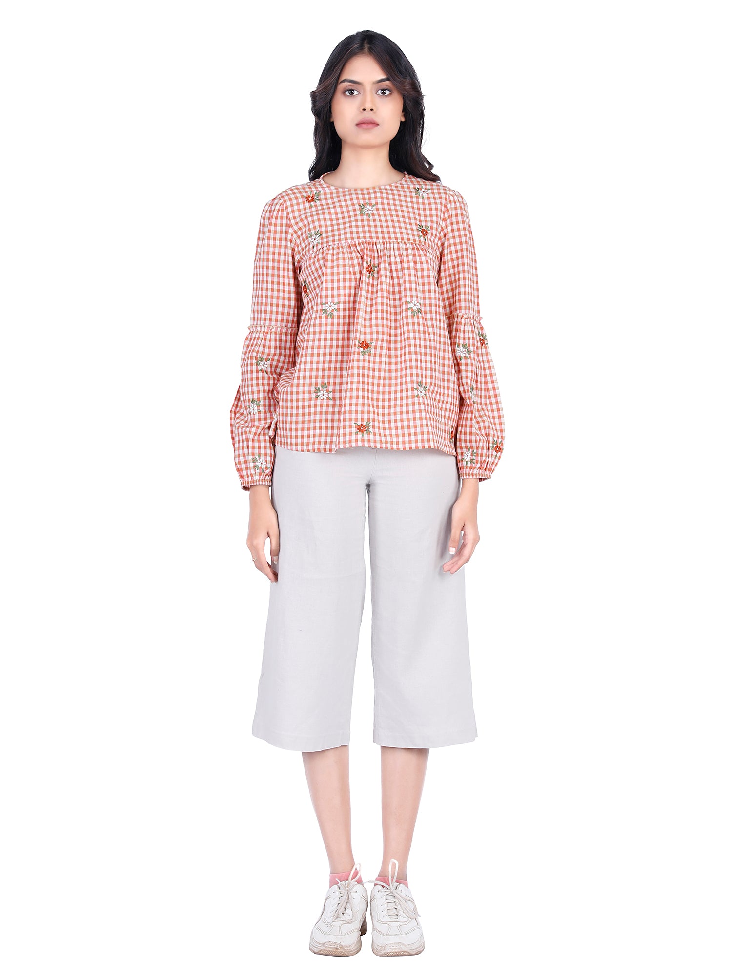 Eco Khadi Cotton Orange Bishop Sleeves Top with Floral Embroidery