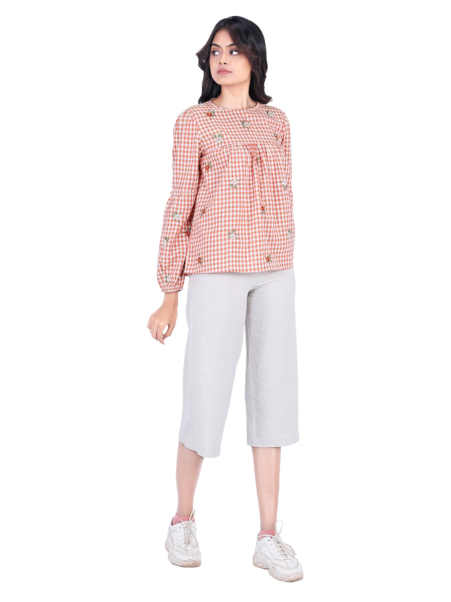 Eco Khadi Cotton Orange Bishop Sleeves Top with Floral Embroidery