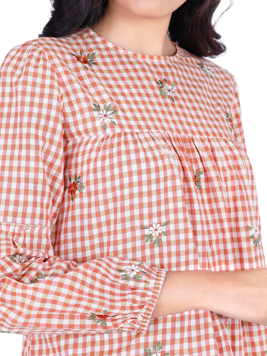 Eco Khadi Cotton Orange Bishop Sleeves Top with Floral Embroidery