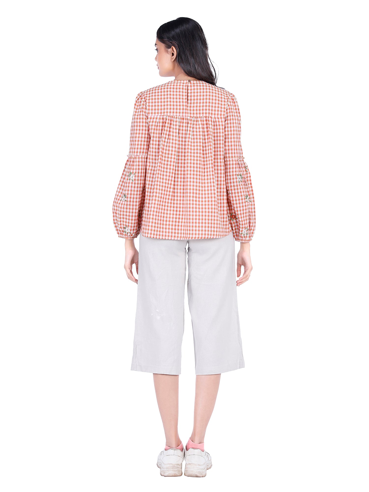 Eco Khadi Cotton Orange Bishop Sleeves Top with Floral Embroidery