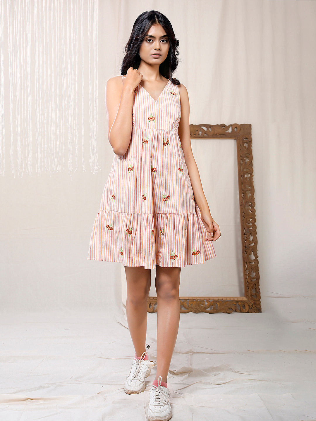 Eco Khadi Orange Stripe Sundress with Floral Embroidery
