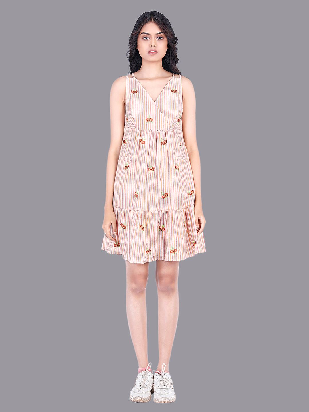 Eco Khadi Orange Stripe Sundress with Floral Embroidery
