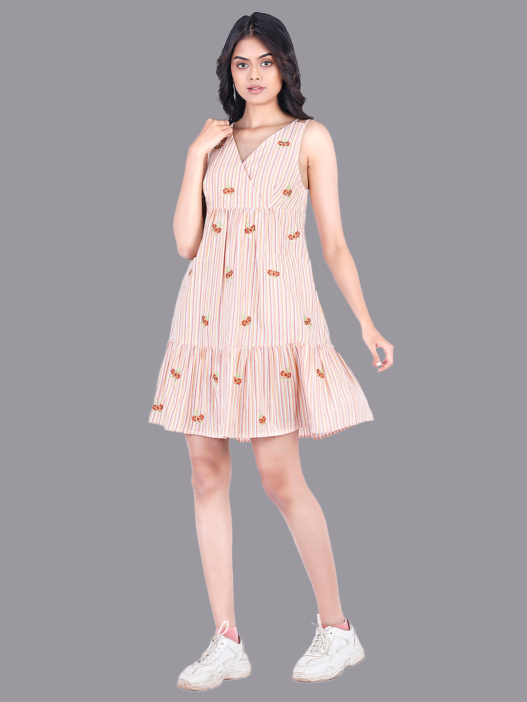 Eco Khadi Orange Stripe Sundress with Floral Embroidery