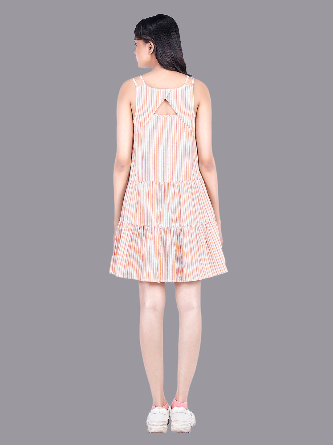 Eco Khadi Orange Stripe Sundress with Floral Embroidery