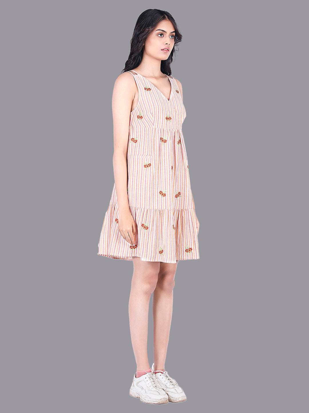 Eco Khadi Orange Stripe Sundress with Floral Embroidery