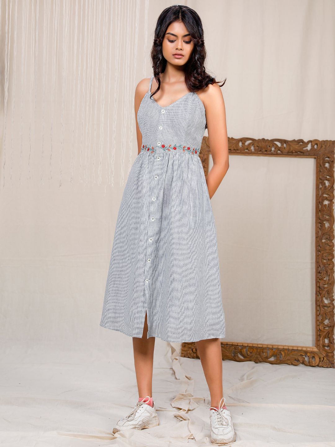 Eco Khadi Cotton Blue Pinstripe Sun Dress with Floral Embroidery - Madhu