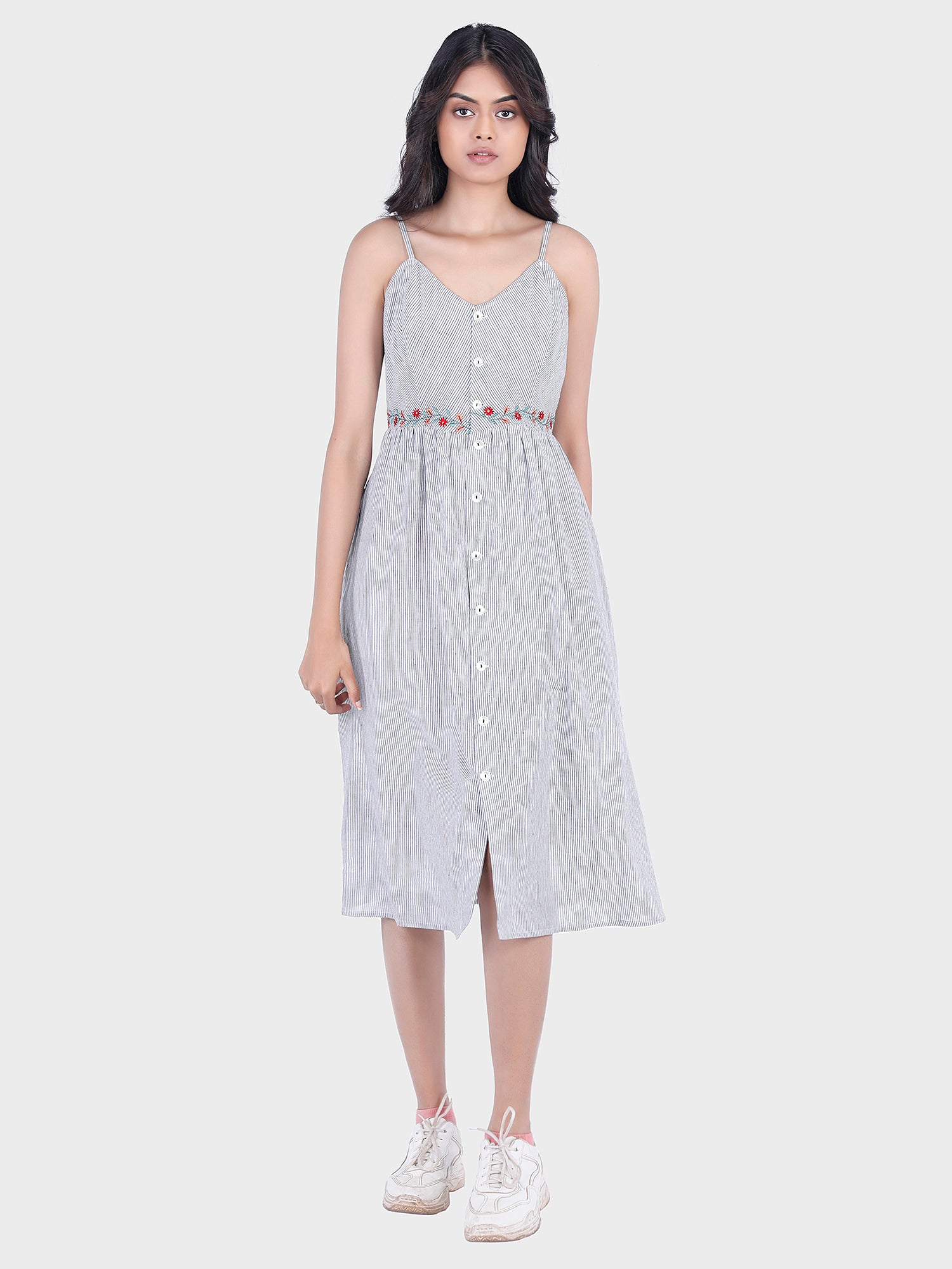Eco Khadi Cotton Blue Pinstripe Sun Dress with Floral Embroidery - Madhu