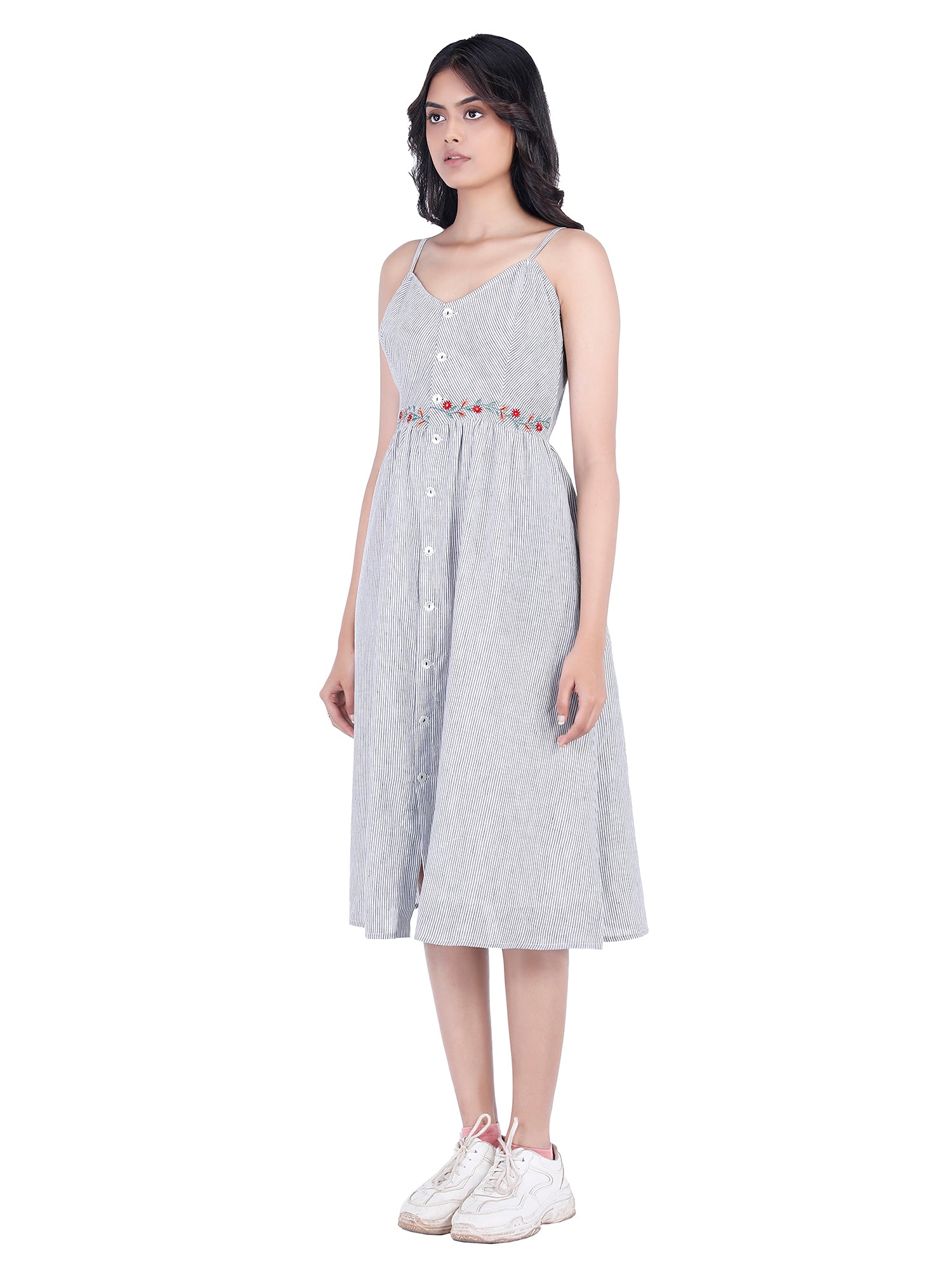 Eco Khadi Cotton Blue Pinstripe Sun Dress with Floral Embroidery - Madhu