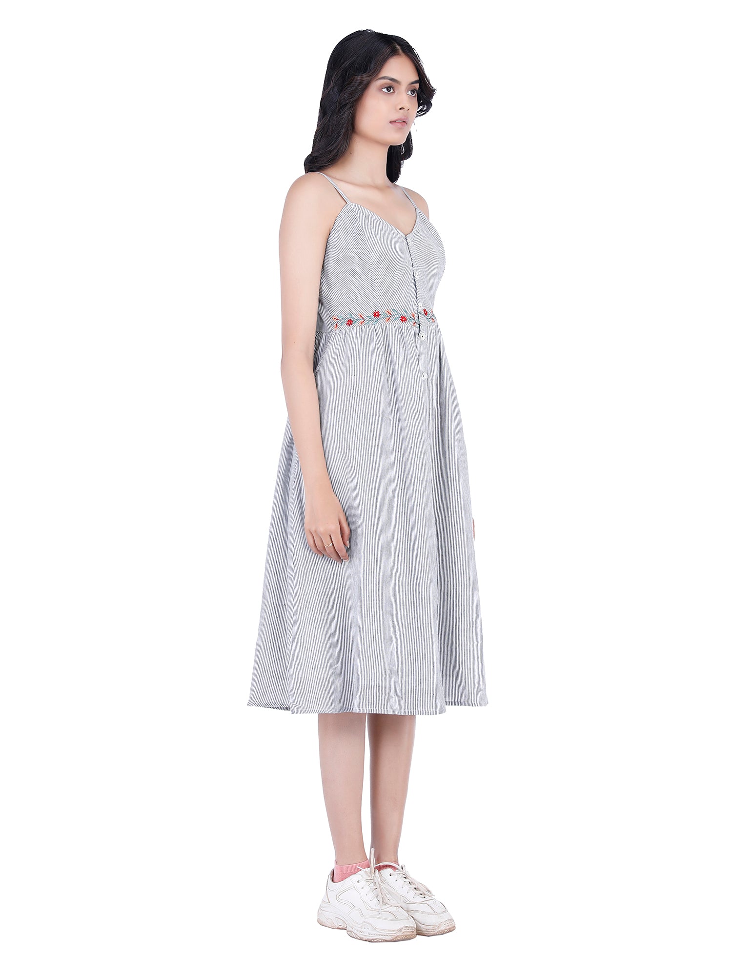 Eco Khadi Cotton Blue Pinstripe Sun Dress with Floral Embroidery - Madhu