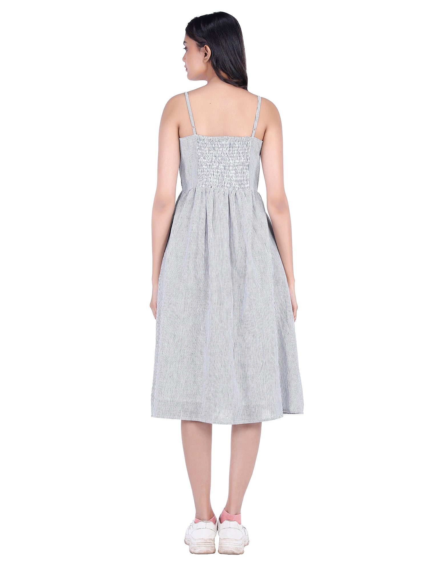 Eco Khadi Cotton Blue Pinstripe Sun Dress with Floral Embroidery - Madhu