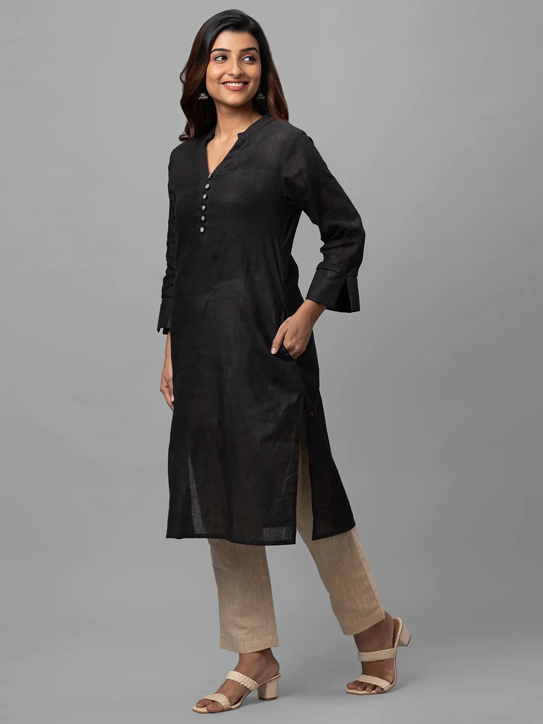 Eco Khadi Cotton Black Kurta with Embroidered Buttons - Nisa