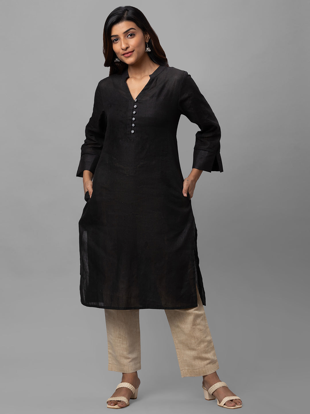 Eco Khadi Cotton Black Kurta with Embroidered Buttons - Nisa