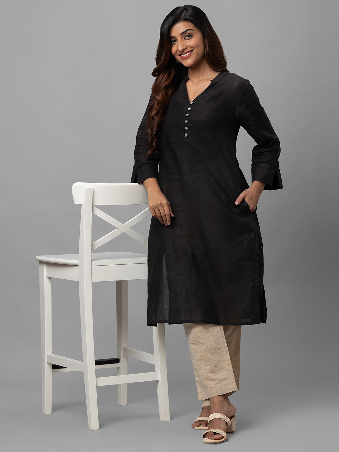 Eco Khadi Cotton Black Kurta with Embroidered Buttons - Nisa