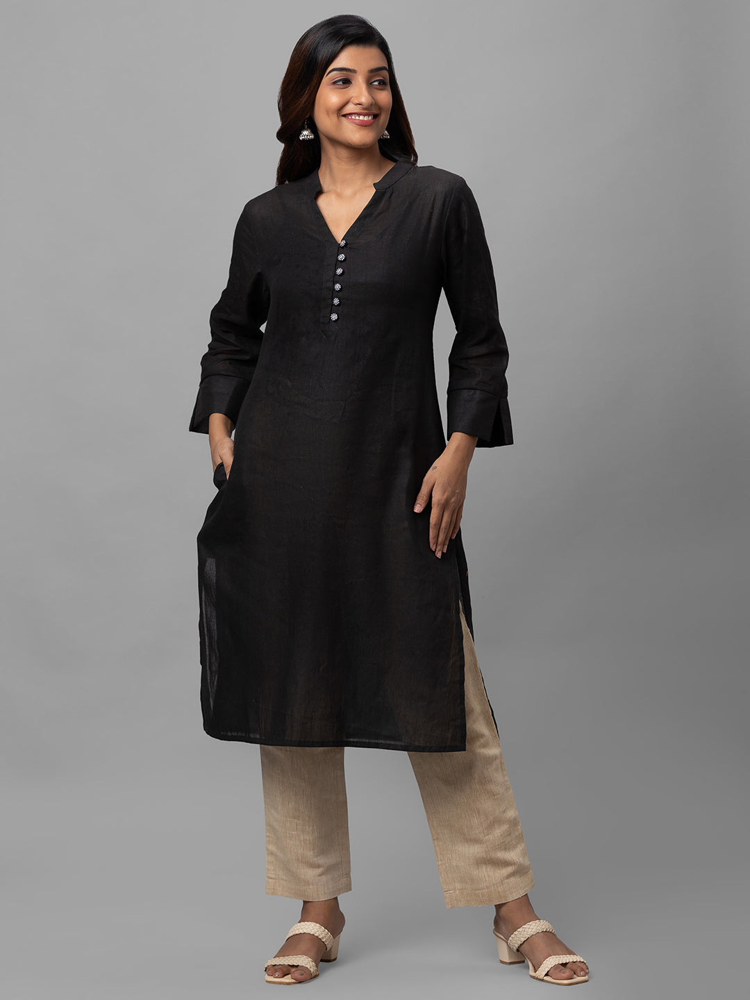 Eco Khadi Cotton Black Kurta with Embroidered Buttons - Nisa