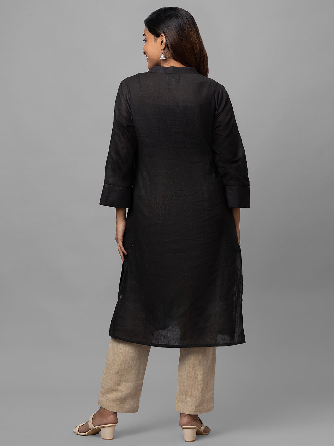 Eco Khadi Cotton Black Kurta with Embroidered Buttons - Nisa