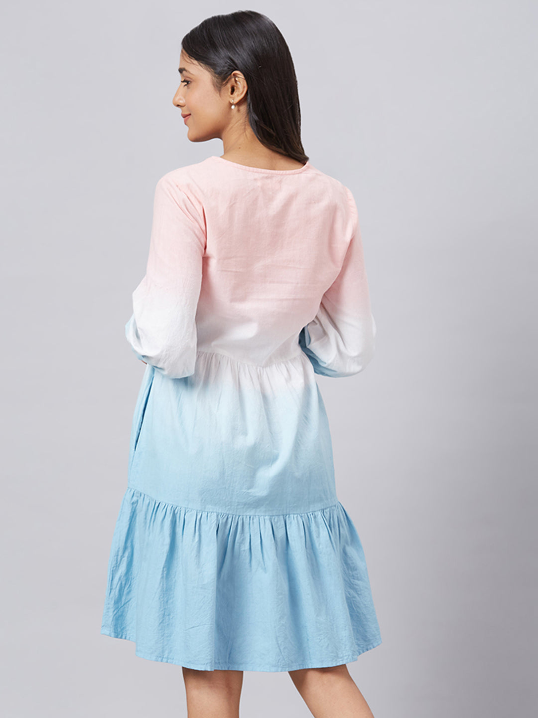 Eco Khadi Muslin Pink Blue Ombre Tier Dress