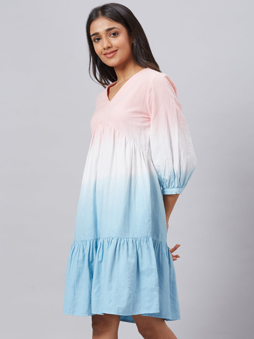 Eco Khadi Muslin Pink Blue Ombre Tier Dress
