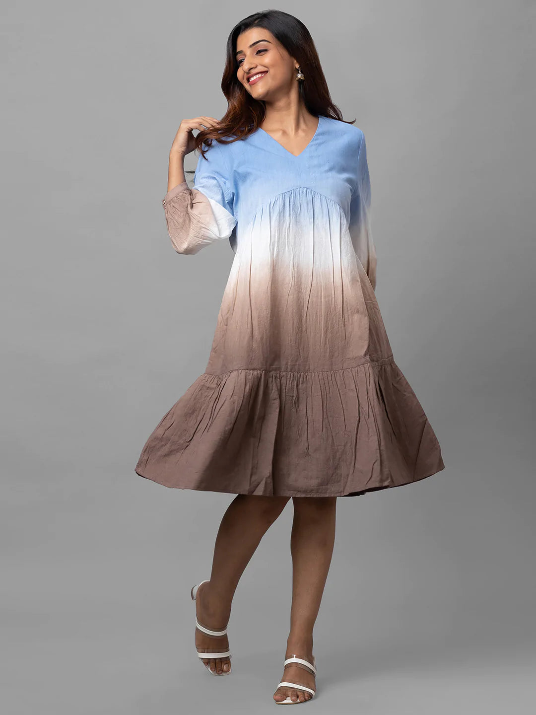 Eco Khadi Cotton Ombre Blue Brown Dress - Saya