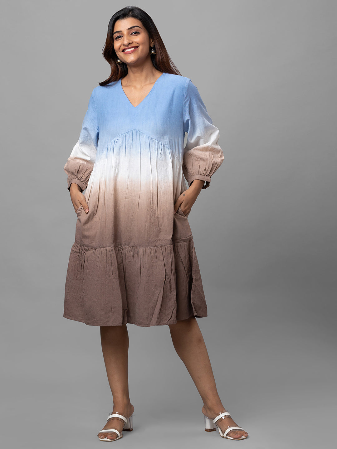 Eco Khadi Cotton Ombre Blue Brown Dress - Saya