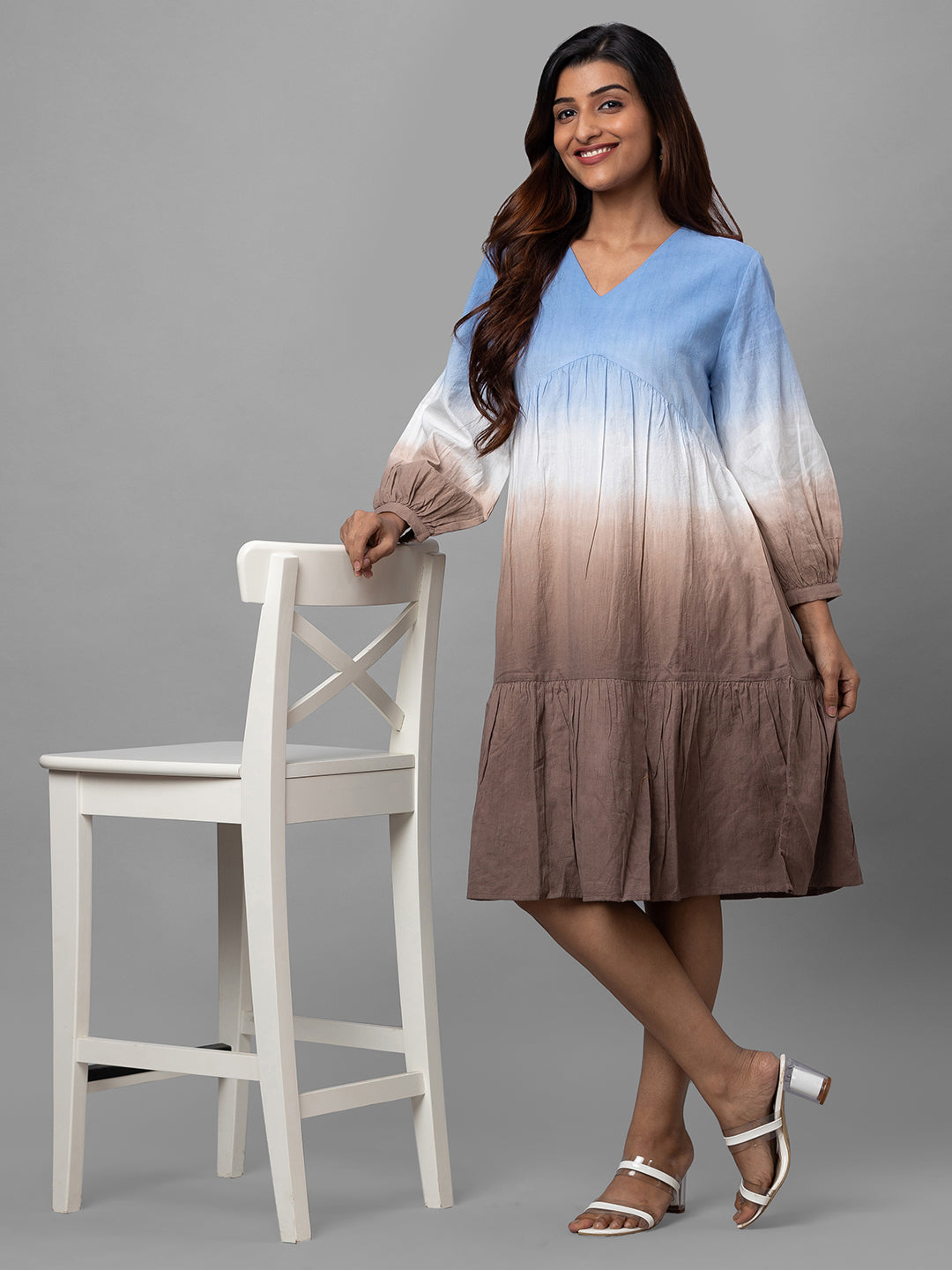 Eco Khadi Cotton Ombre Blue Brown Dress - Saya
