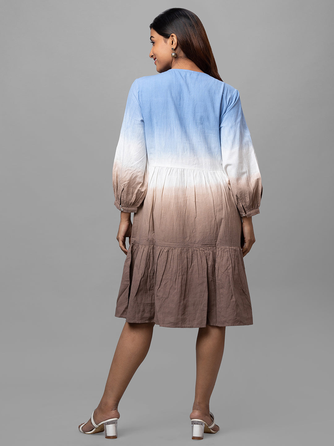 Eco Khadi Cotton Ombre Blue Brown Dress - Saya