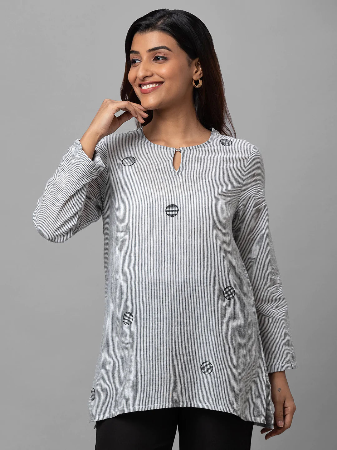 Eco Khadi Cotton Black Striped Tunic with Embroidery - Ava