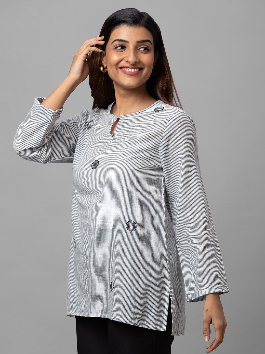 Eco Khadi Cotton Black Striped Tunic with Embroidery - Ava