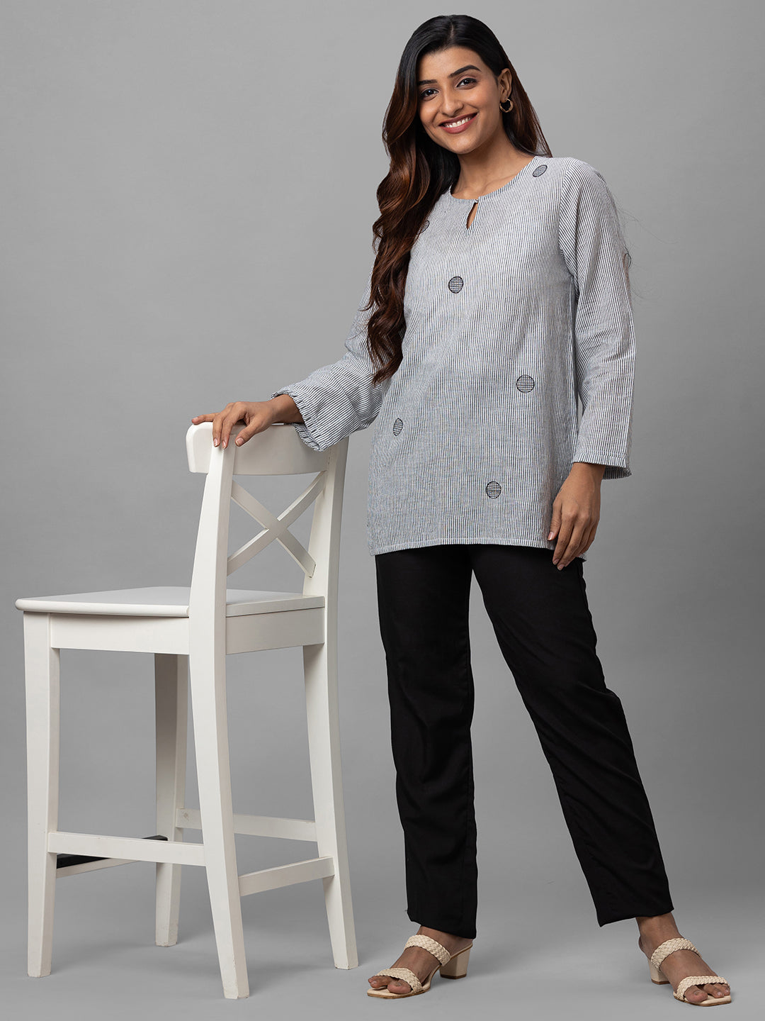 Eco Khadi Cotton Black Striped Tunic with Embroidery - Ava