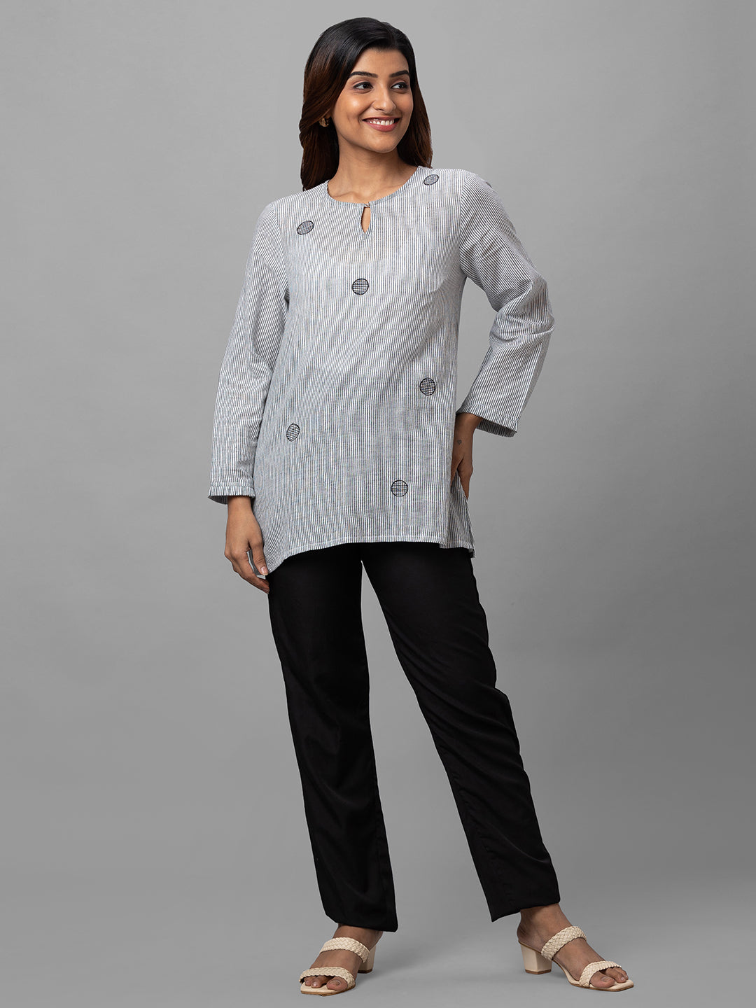 Eco Khadi Cotton Black Striped Tunic with Embroidery - Ava
