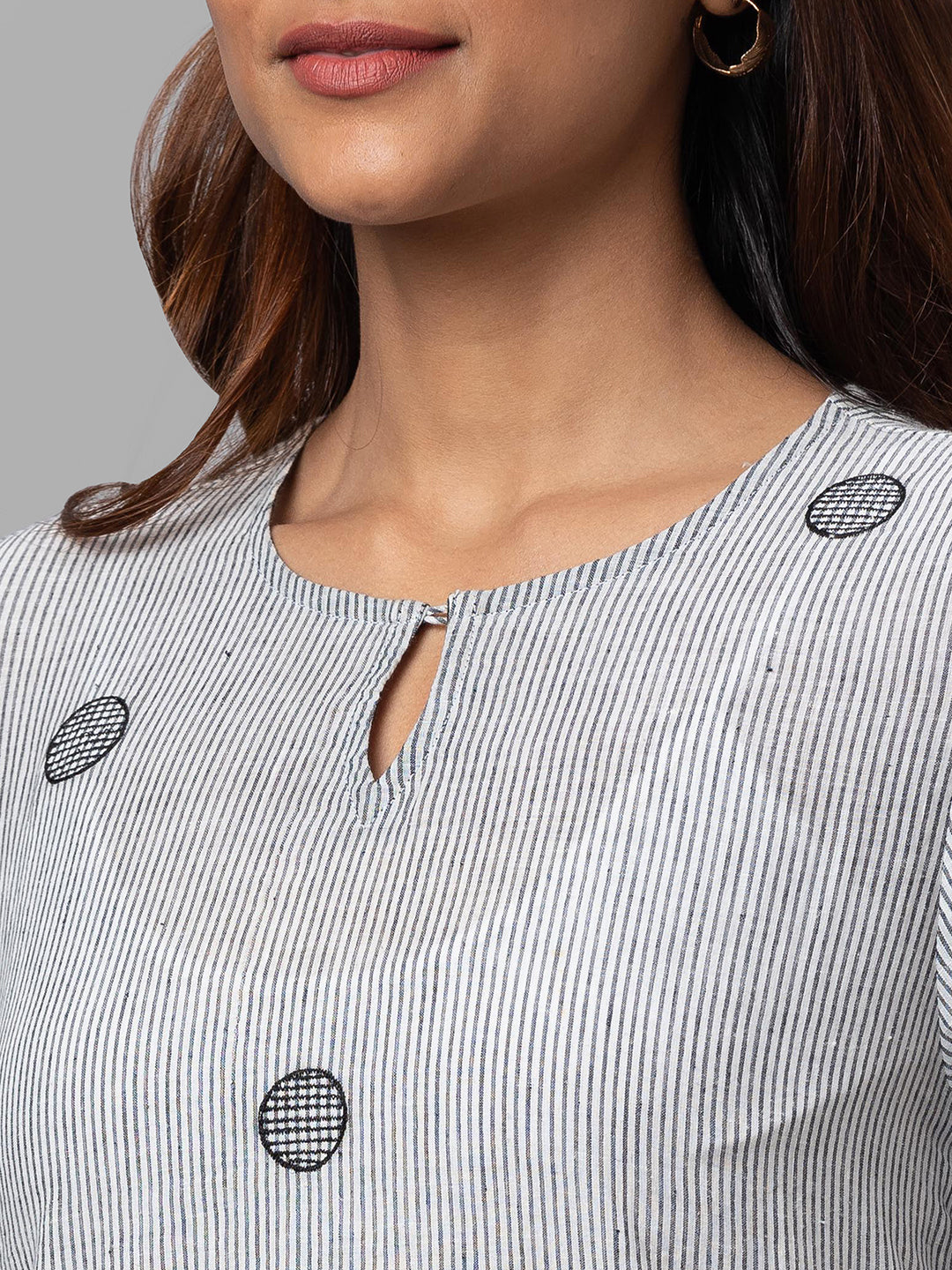 Eco Khadi Cotton Black Striped Tunic with Embroidery - Ava