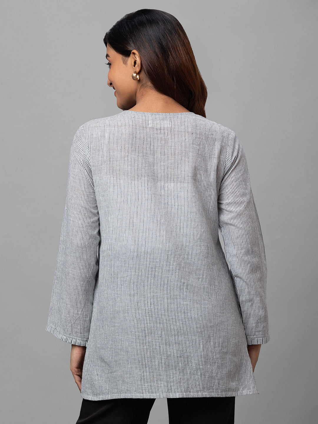 Eco Khadi Cotton Black Striped Tunic with Embroidery - Ava