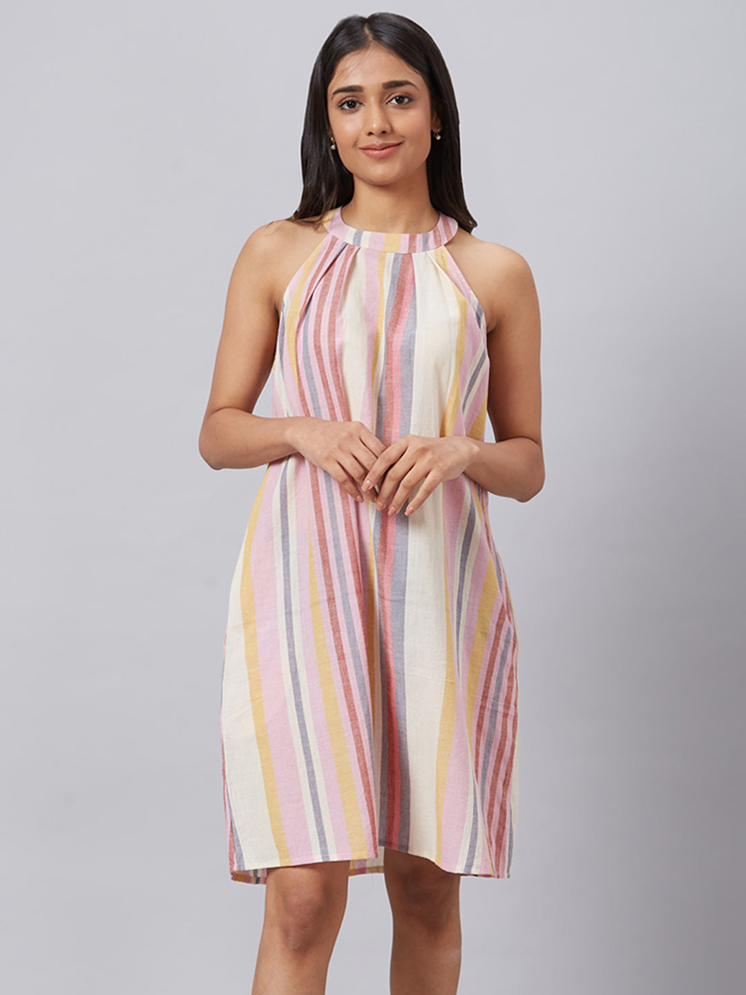 Eco Khadi Sustainable Conscious Muslin Multi Striped Halter Neck Dress