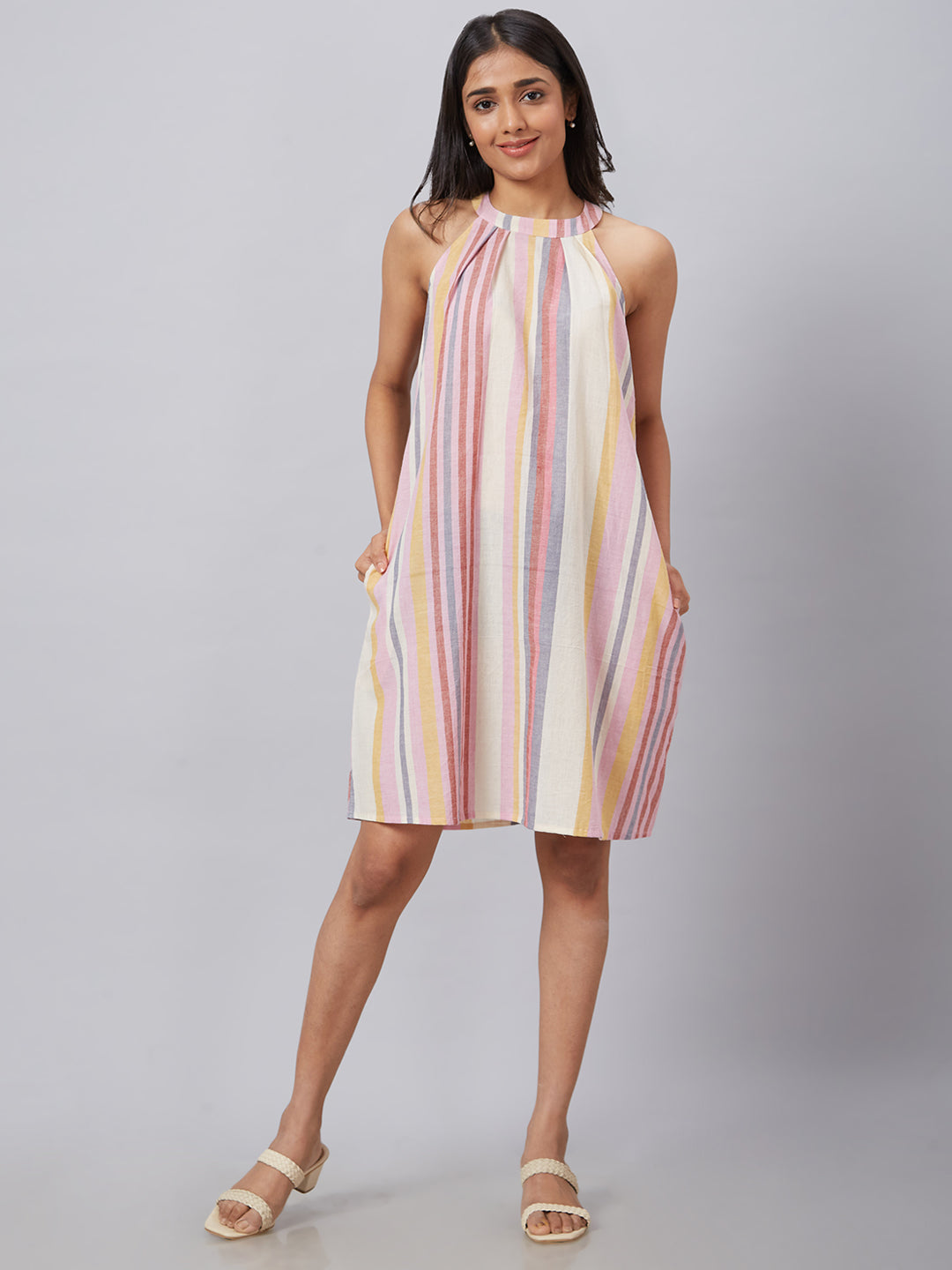 Eco Khadi Muslin Multi Striped Halter Neck Dress