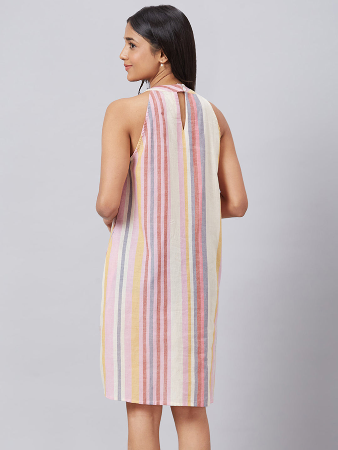 Eco Khadi Muslin Multi Striped Halter Neck Dress